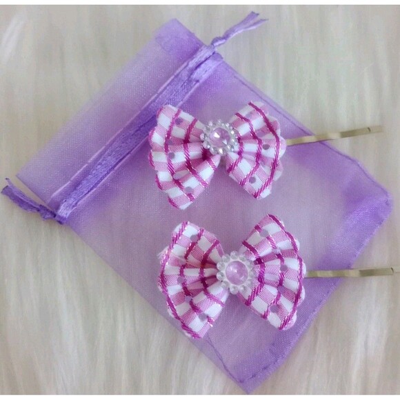 Girl's Set of 2 Handmade Purple Plaid Flower Hair Clips Girl's Accessories New - Picture 1 of 4